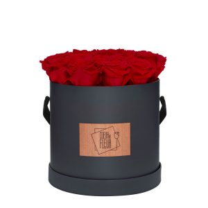 Rosenbox Coeur de Fleur® rote Rosen graue Rosenbox (L) rund Etikett Holz